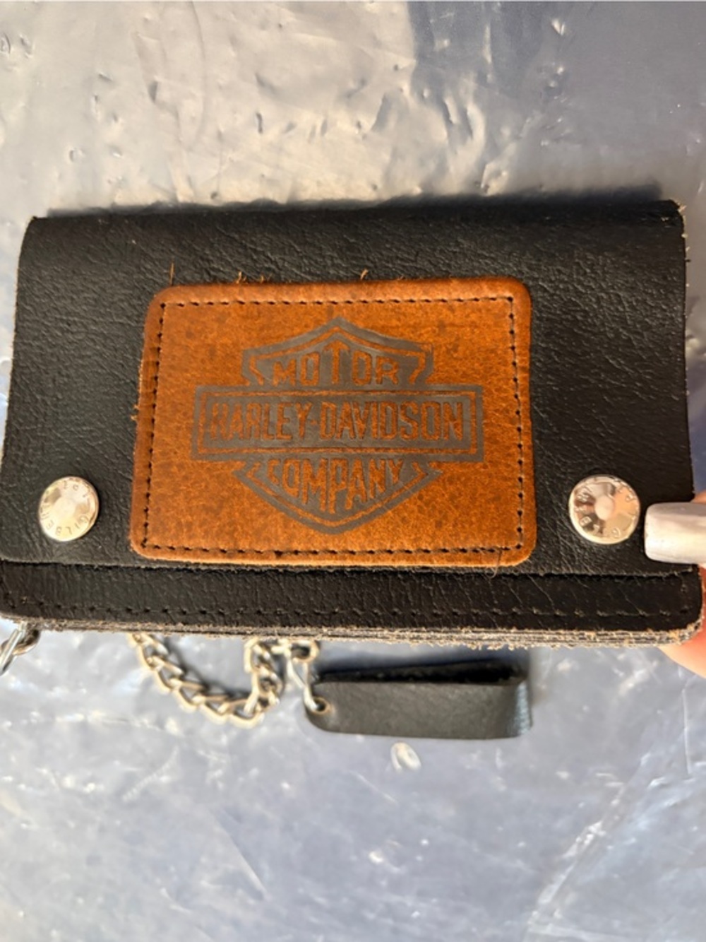 Harley-Davidson Black BiFold Chain Trucker Wallet Brown Leather Logo Patch